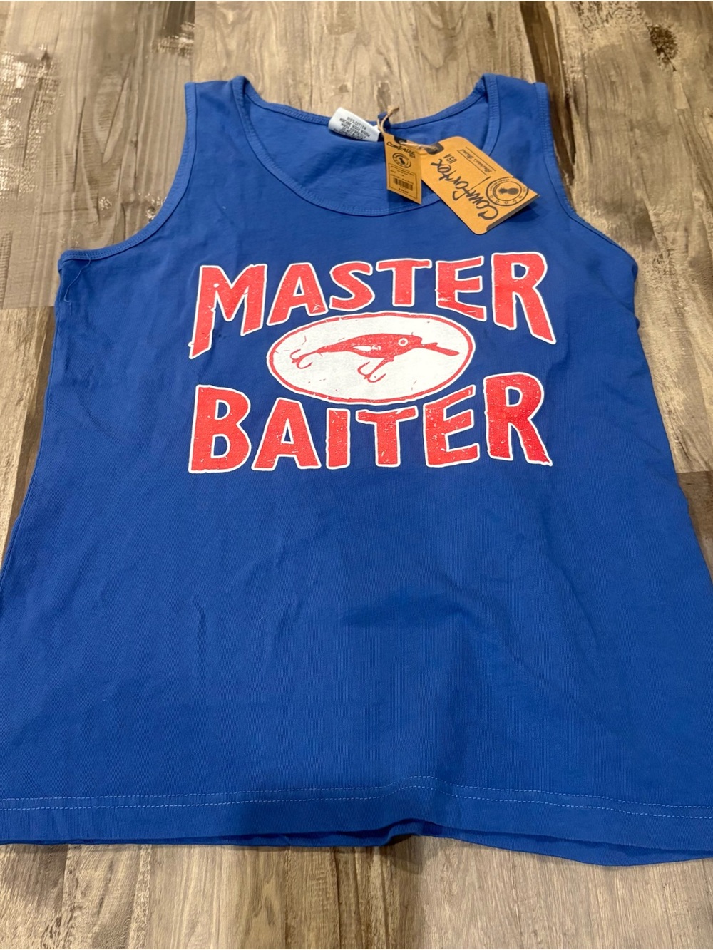Men's Master Baiter Fish Lure, Funny Fishing Tank Top Blue SZ M NWT